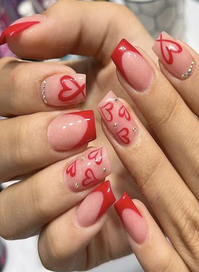 BSBTBZ Square Press on Nails Medium -French Tip Press on Nails Red Heart Deign,Glossy Pink Fake Nails with Rhinestone Design,Reusable Artificial False Nails with Glue on Nails Valentine's Day for Women 24PCS - Image 1